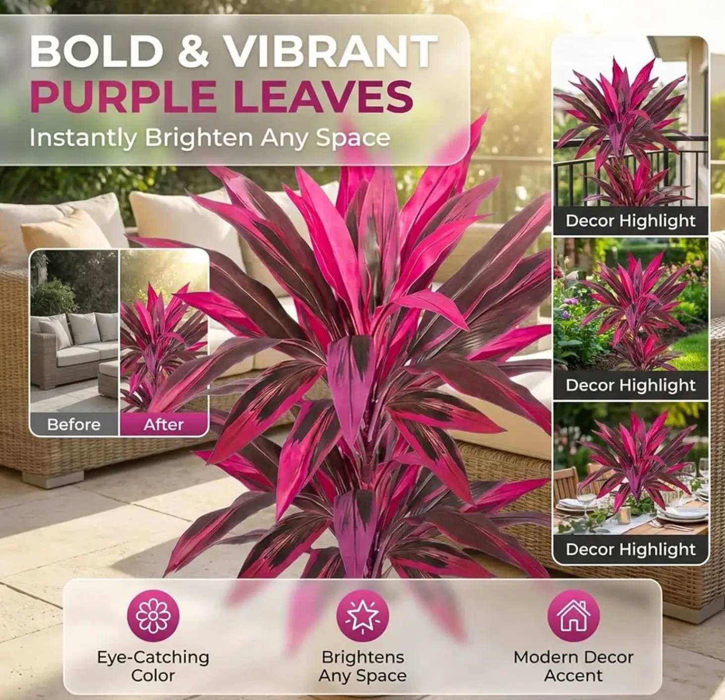 Feature breakdown of Somnera Artificial Dragon's Blood Tree Plants showing patio, garden and tablescape placements