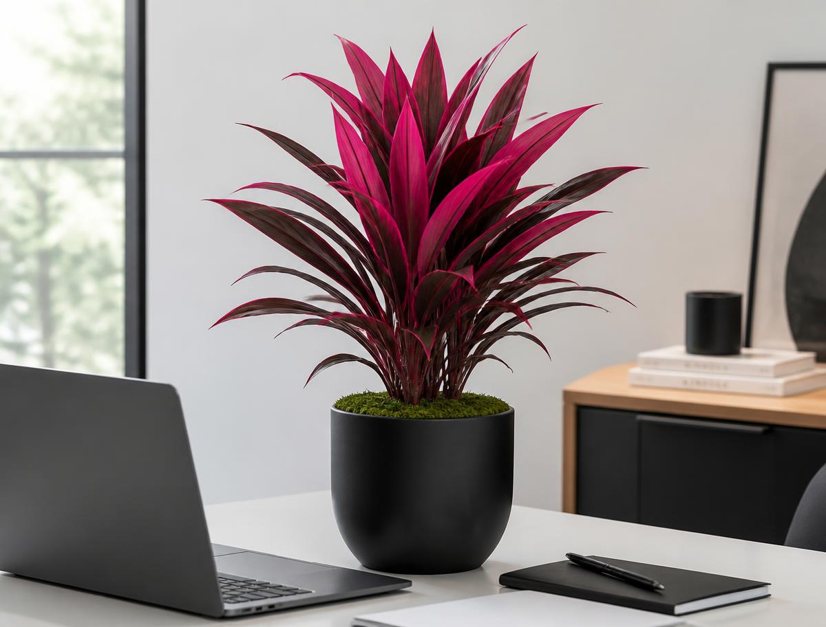 Artificial Dragon's Blood Tree plant in a black planter on a minimalist office desk